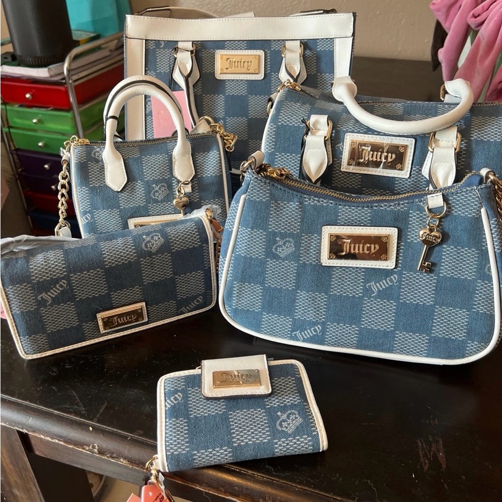 Juicy Couture Blue Check Denim Tote and Pouches Set with White Trim